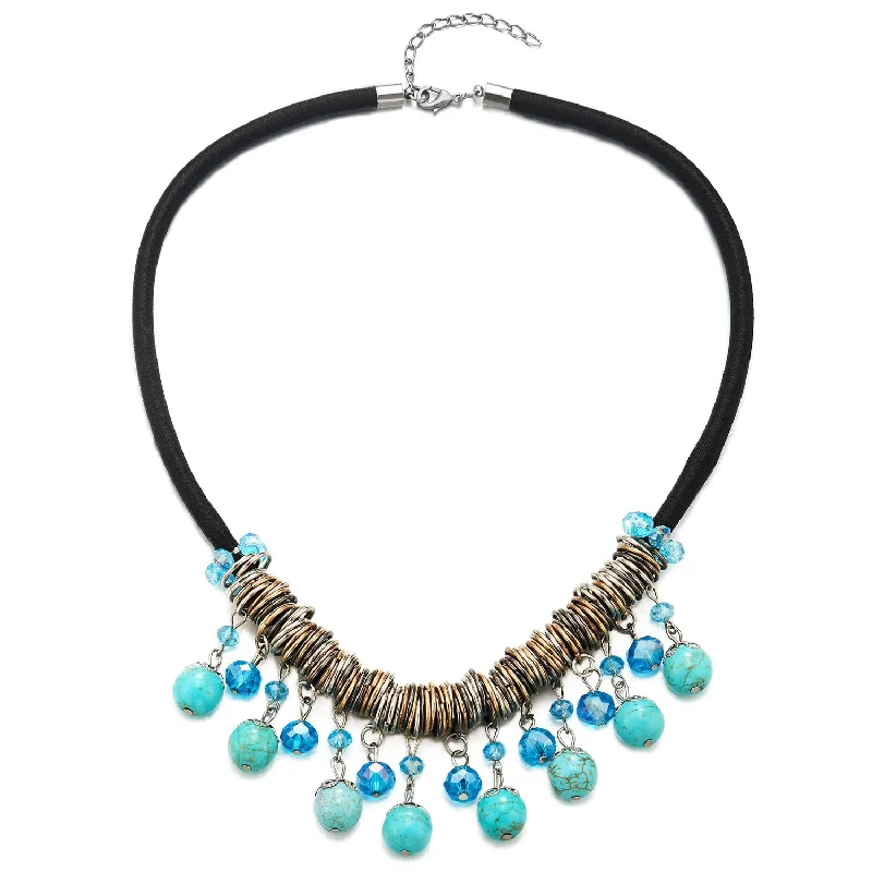 women layered necklaces -Black Choker Bib Collar Necklace with Dangling Blue Stone Beads Tassel Pendant