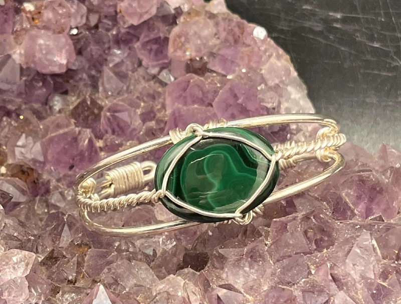 women chain bangles -Malachite on Sterling Silver Cuff Bracelet Wire wrapped Handmade