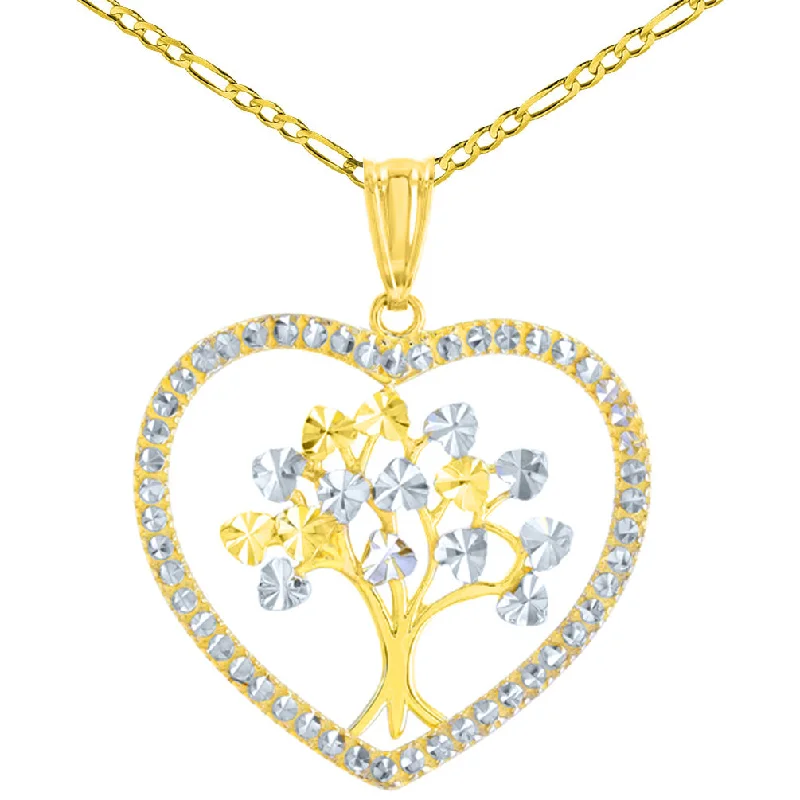 women chunky necklaces -Polished 14K Yellow Gold Textured Heart Shaped Tree of Life Pendant Figaro Chain Necklace