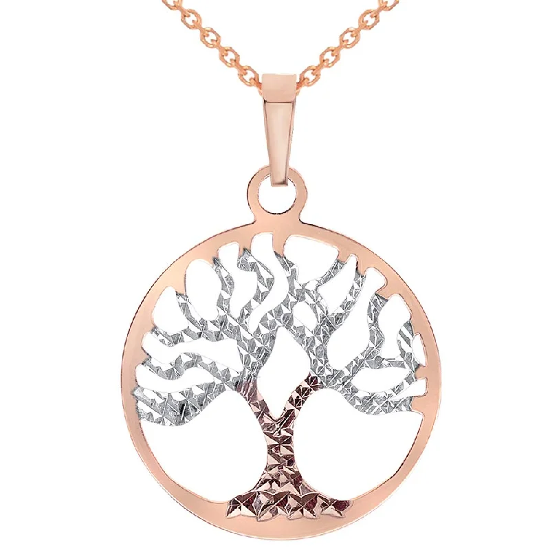 women bridal gold necklaces -Solid 14k Rose Gold Textured Reversible Round Tree of Life Pendant Necklace