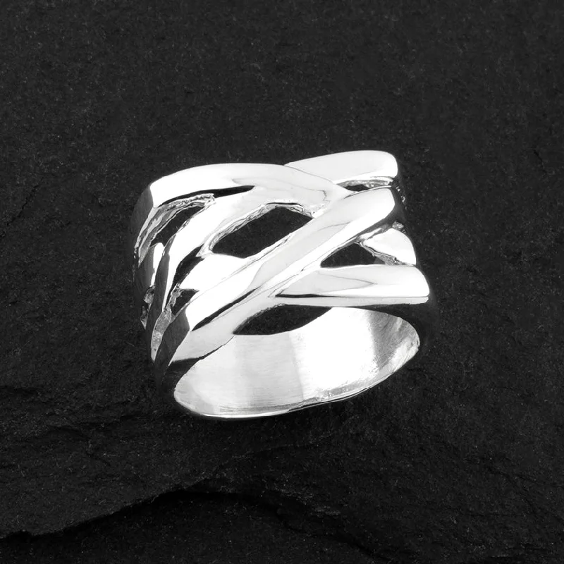 women wide wedding rings -Sterling Silver Square Top Crossover Ring