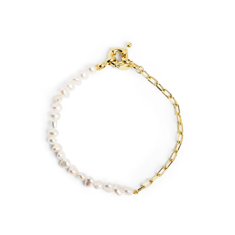 women stacking charm bracelets -Chic Pearl Gold Bracelet