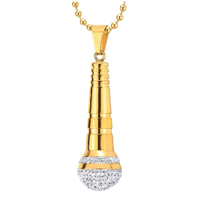 women flower necklaces -Mens Women Steel Microphone Pendant Necklace with Cubic Zirconia, Gold White, 30 inches Ball Chain