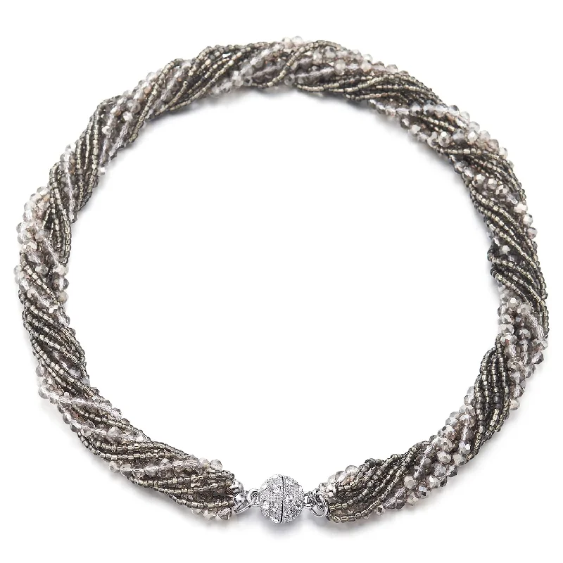 women matching necklaces -Grey Statement Necklace Multi-Layer Beads Crystal Braided Chain Choker Collar Magnetic Clasp