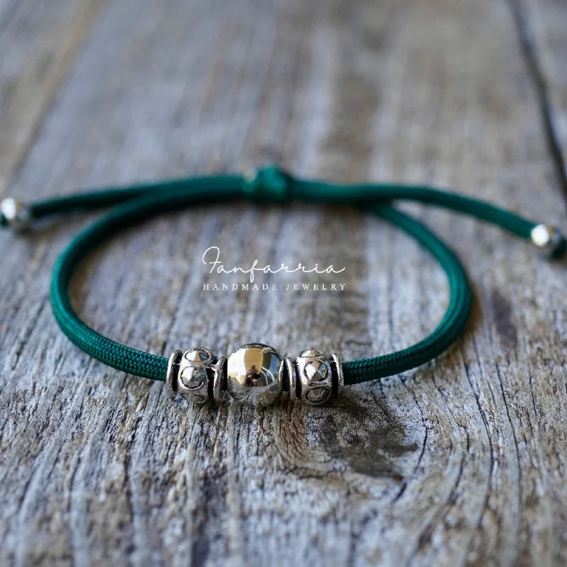 women chain bangles -Silver Beaded Green Adjustable Bracelet