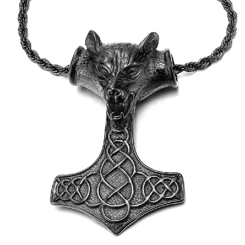 women sapphire necklaces -Stainless Steel Mens Thors Hammer Pendant Necklace with Wolf and Irish Celtic Knot, 30in Wheat Chain