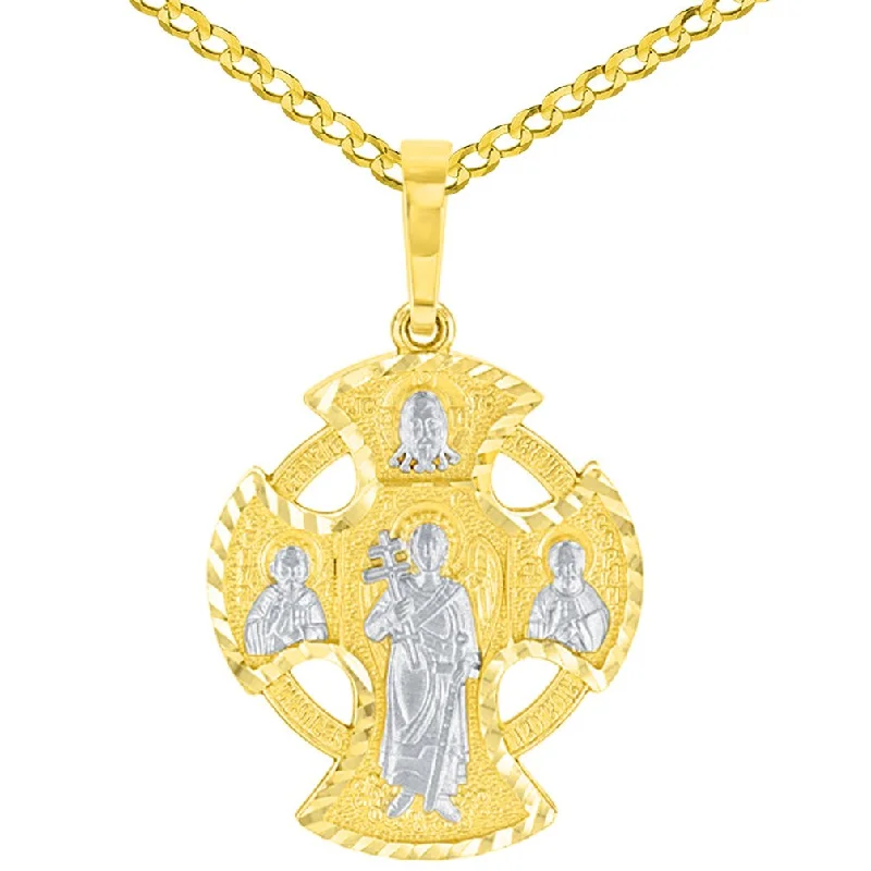 women matching necklaces -Solid 14K Yellow Gold Textured Celtic Cross Charm with Saints Pendant Cuban Chain Necklace