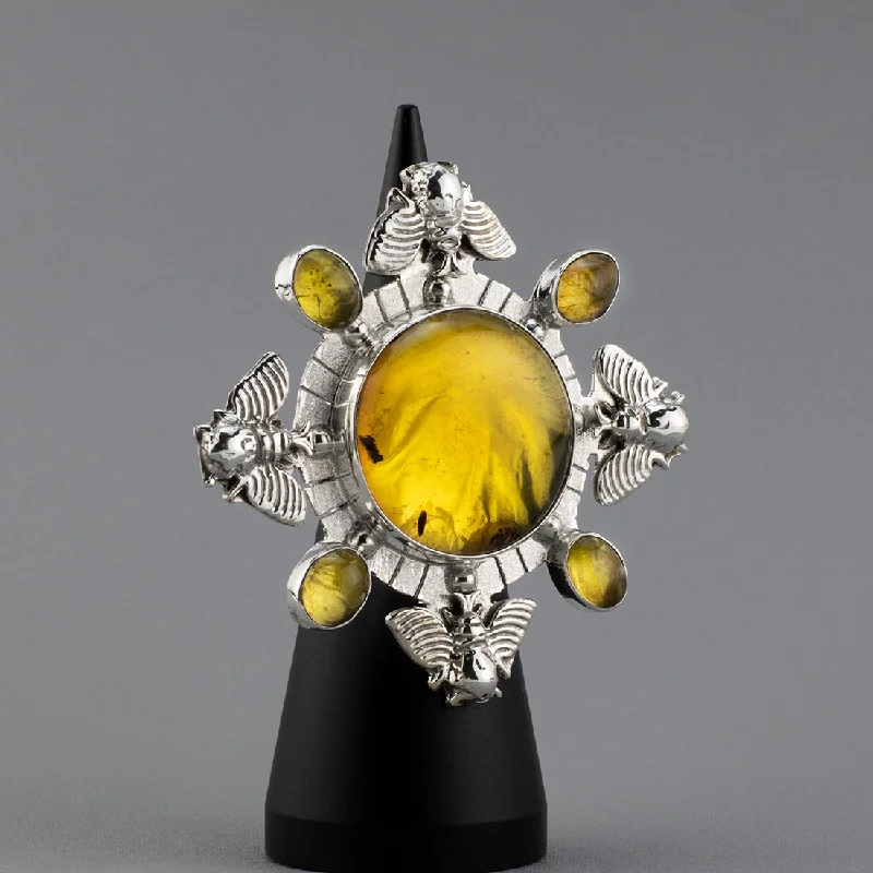 women two-tone rings -Oversized Silver and Amber Bee Statement Ring