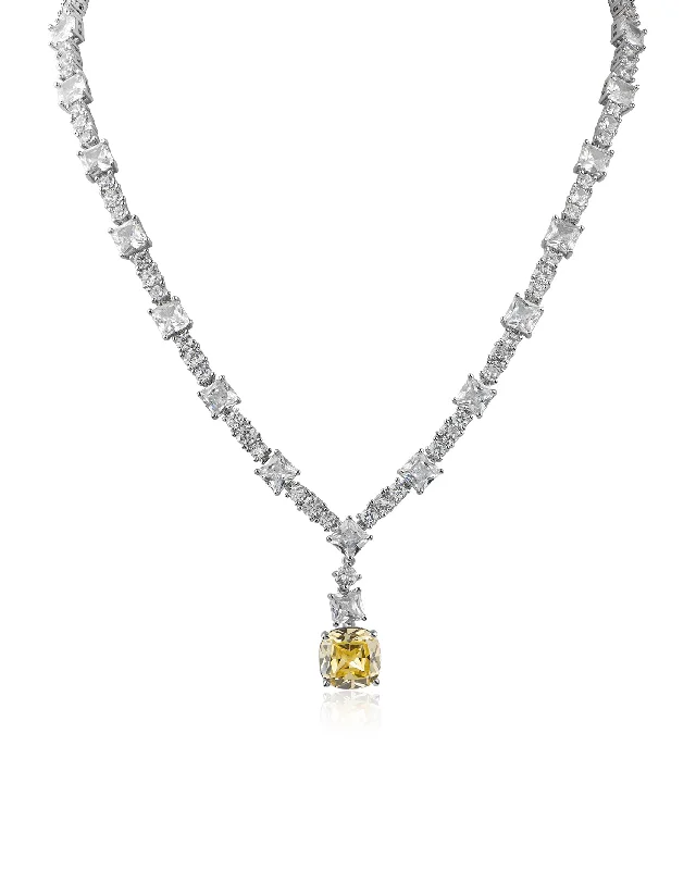 women oversized necklaces -Canary Cushion Drop Cubic Zirconia Necklace