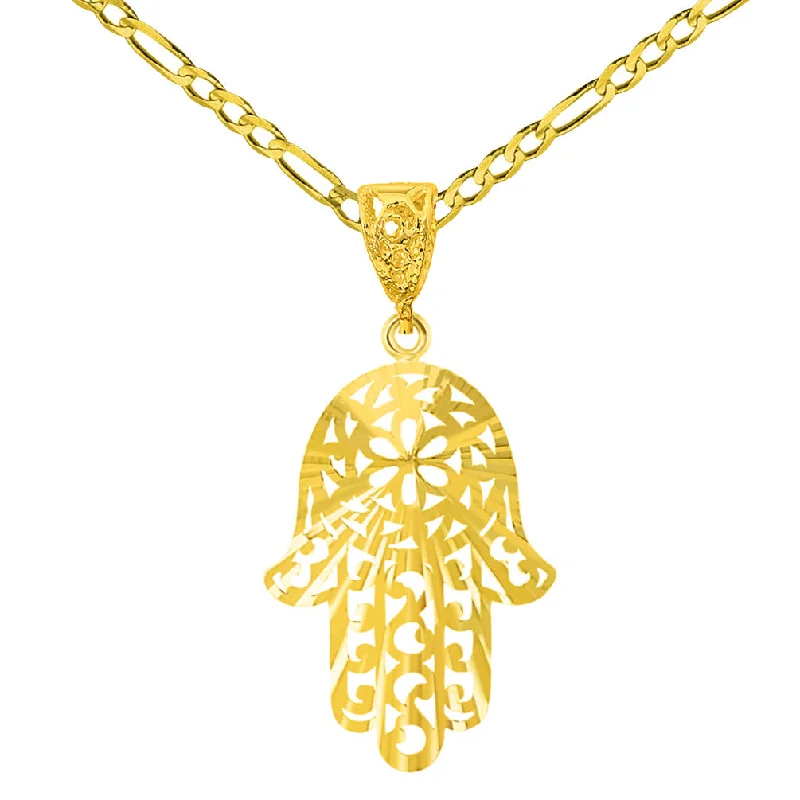 women engraved necklaces -Solid 14K Yellow Gold Textured Filigree Hamsa Hand of Fatima Pendant Necklace