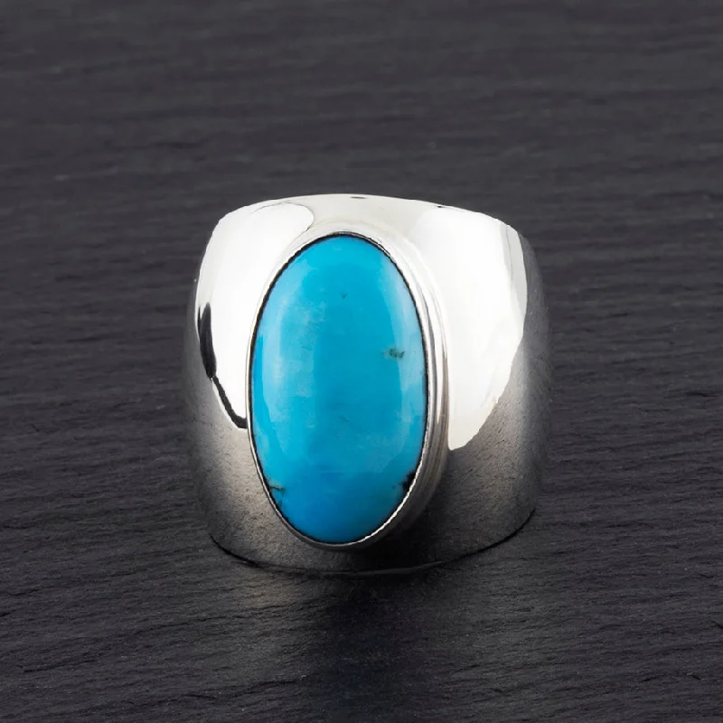 women silver rings -Large Sterling Silver and Oval Turquoise Wide Band Ring