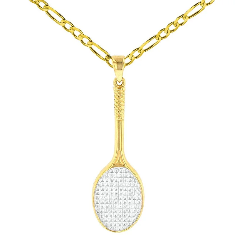 women star-shaped necklaces -Solid 14K Yellow Gold Tennis Racquet Charm Sports Pendant with Figaro Chain Necklace