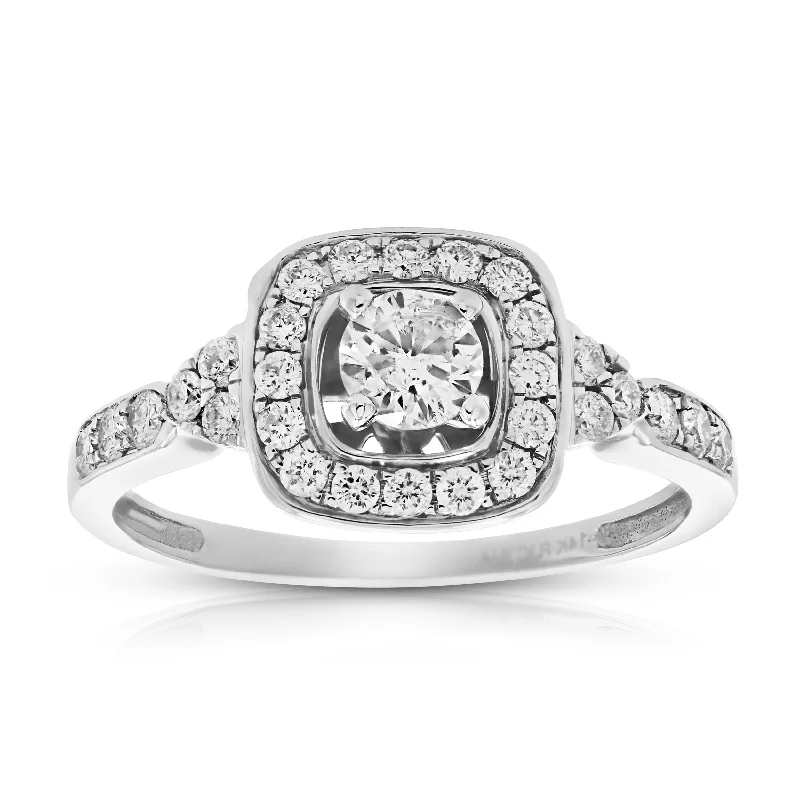 women art deco engagement rings -3/4 cttw Diamond Halo 4-Prong Wedding Engagement Ring Cushion 14K White Gold