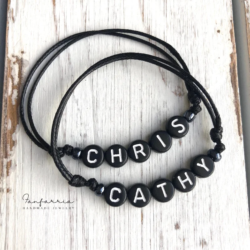 women oval bracelets -Personalized Couple Bracelets Black Bead Letters