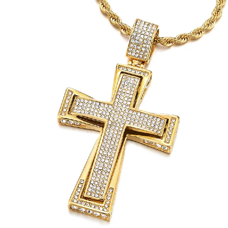 women oversized necklaces -Mens Womens Large Steel Cross Pendant Necklace with Cubic Zirconia and Wheat Chain