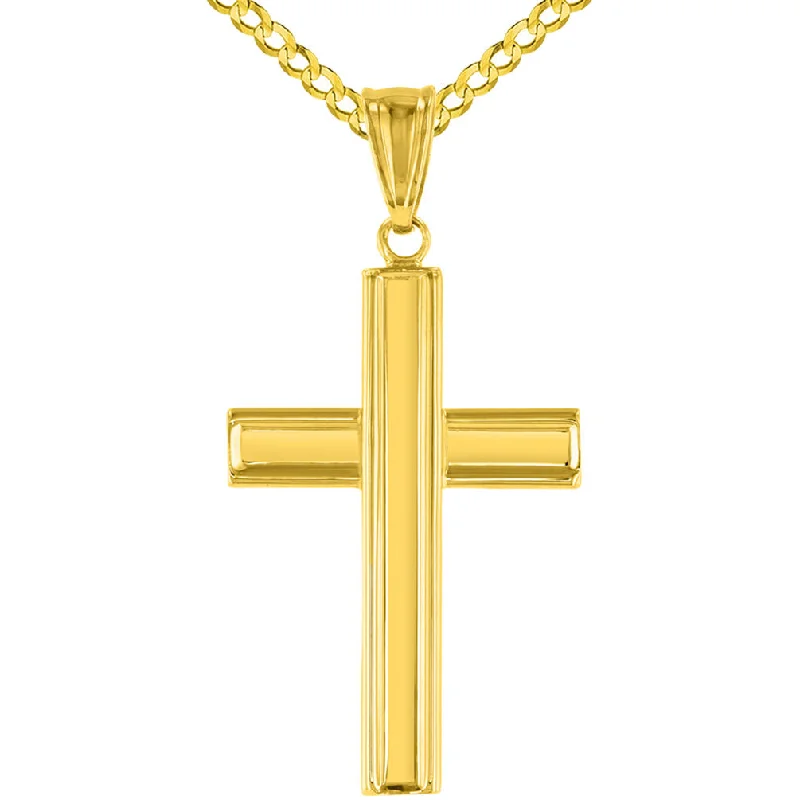 women simple pendant necklaces -Polished 14K Yellow Gold Plain Religious Cross Pendant with Cuban Necklace