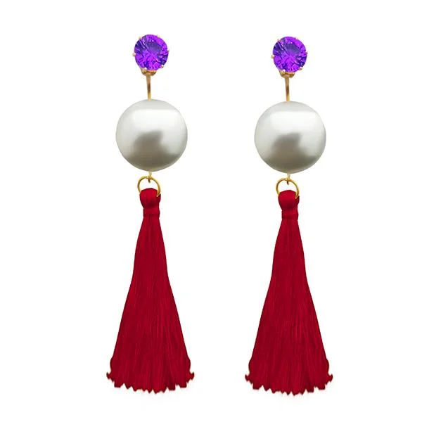 women gold-plated earrings -Tip Top Fashions Maroon Thread Gold Plated Tassel Earrings - 1313314E