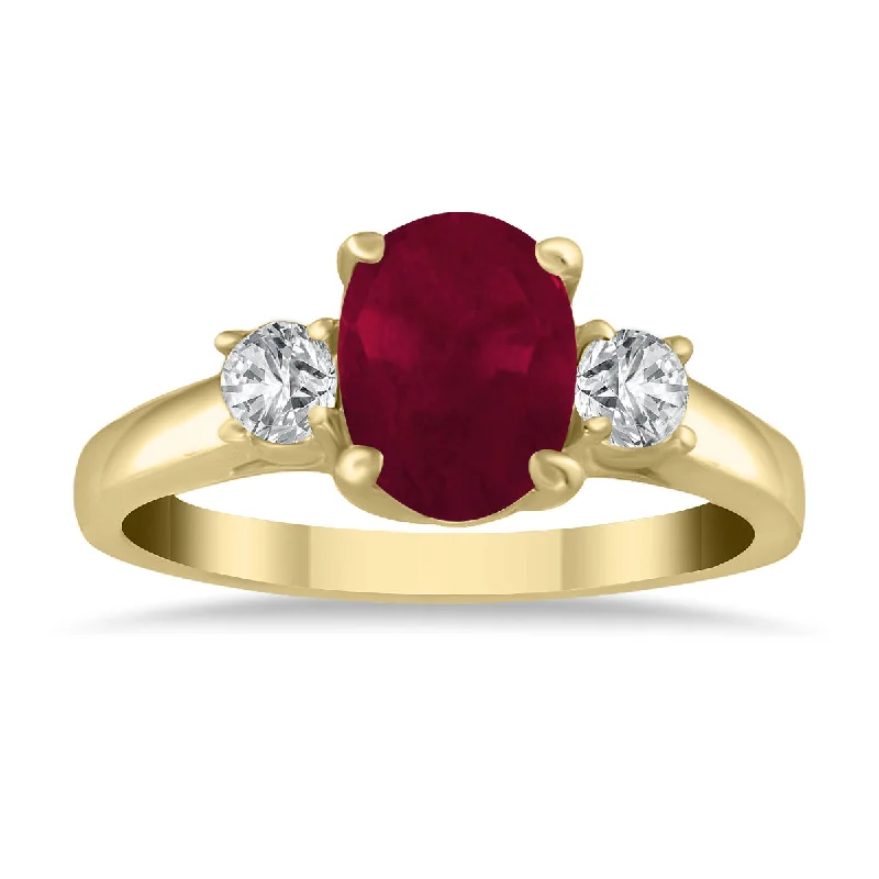 women vintage engagement rings -1.35 Carat Ruby And Diamond Three Stone Ring In 14K Yellow Gold