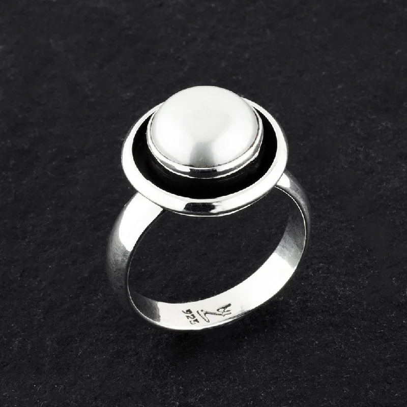 women delicate rings -Sterling Silver Button Pearl Ring