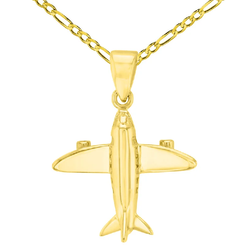 women anniversary necklaces -Solid 14K Yellow Gold 3D Airplane Charm Jet Aircraft Pendant with Figaro Chain Necklace