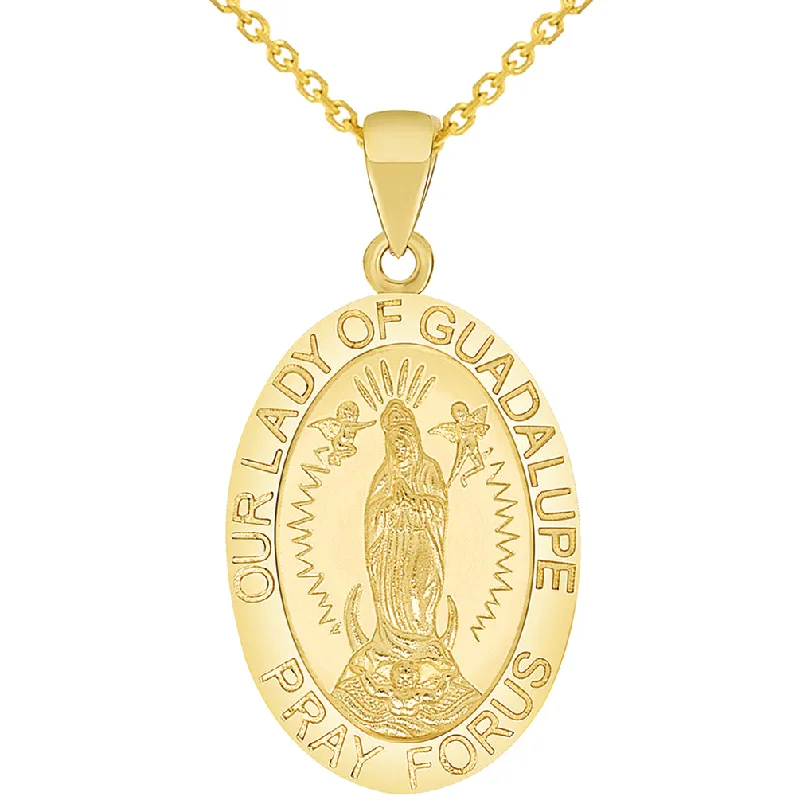 women statement necklaces -Solid 14k Yellow Gold Our Lady Of Guadalupe Pray For Us Miraculous Medal Pendant Necklace with Cable Chain