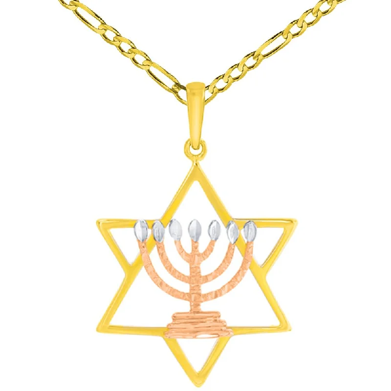 women trendy necklaces -14K Yellow Gold and Rose Gold Jewish Star of David with Menorah Pendant with Figaro Chain Necklace