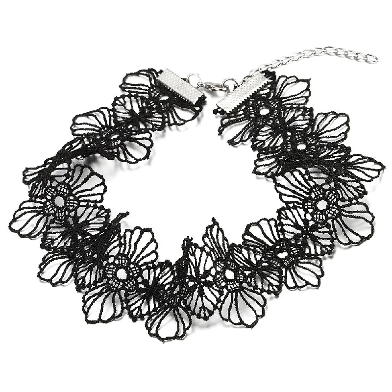 women luxury silver necklaces -Womens Wide Flower Tattoo Lace Choker Necklace