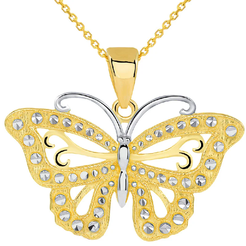 women art deco necklaces -14k Solid Yellow Gold Budded Butterfly Pendant Necklace