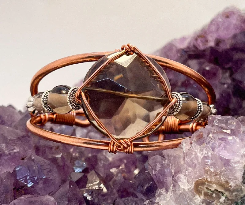 women leather bracelets -Smoky Quartz with Smoky Quartz Side Stones  Crystal Copper Bracelet Wire wrapped Handmade