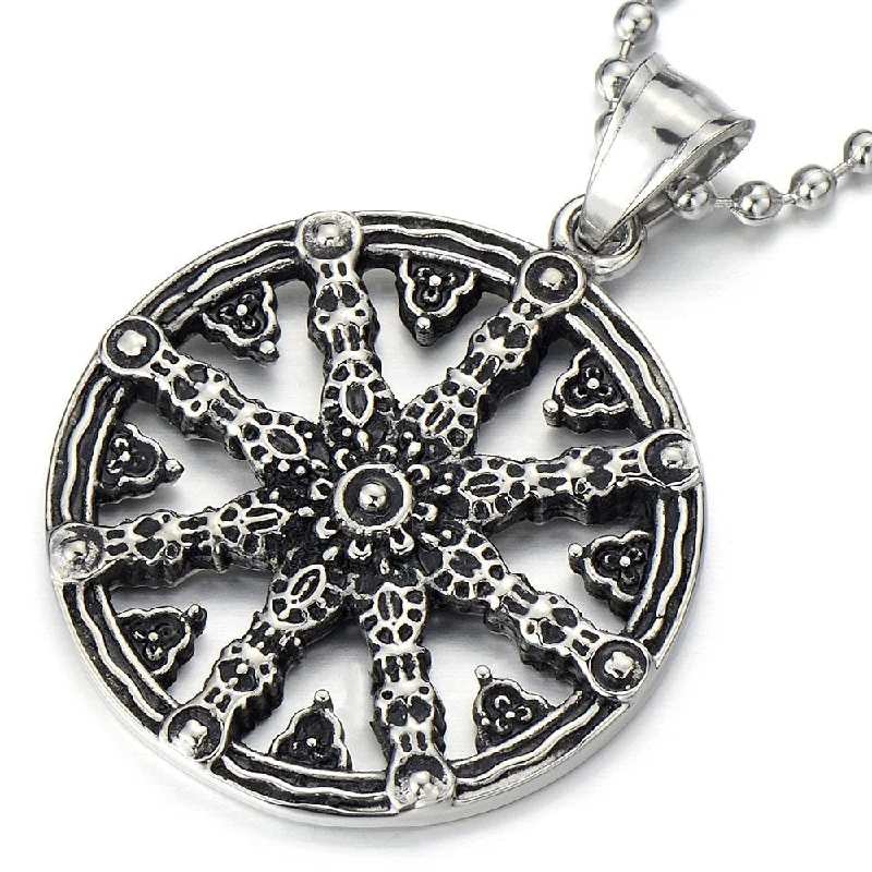 women gemstone pendant necklaces -Mens Dharmachakra Pendant Dharma Wheel of Law Symbol Necklace Stainless Steel with 23.4 in Chain