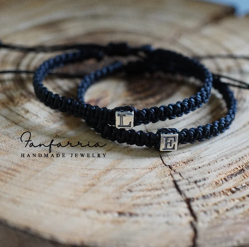 women engraved bracelets -Initial Sterling Silver Couple Bracelets Black His and Hers