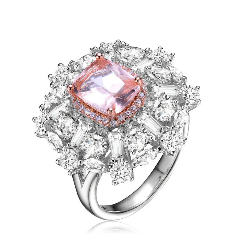 women classic engagement rings -GENEVIVE Sterling Silver Two Tone Morganite Cubic Zirconia Cocktail Ring