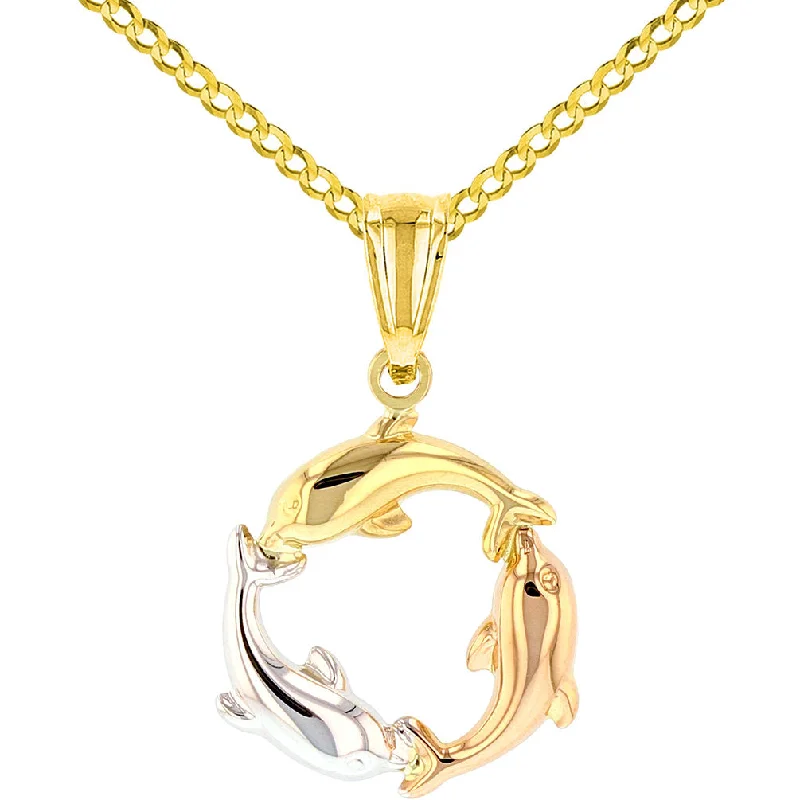 women custom necklaces -Polished 14K Tri-Color Gold Kissing Dolphin Circle Pendant Cuban Necklace