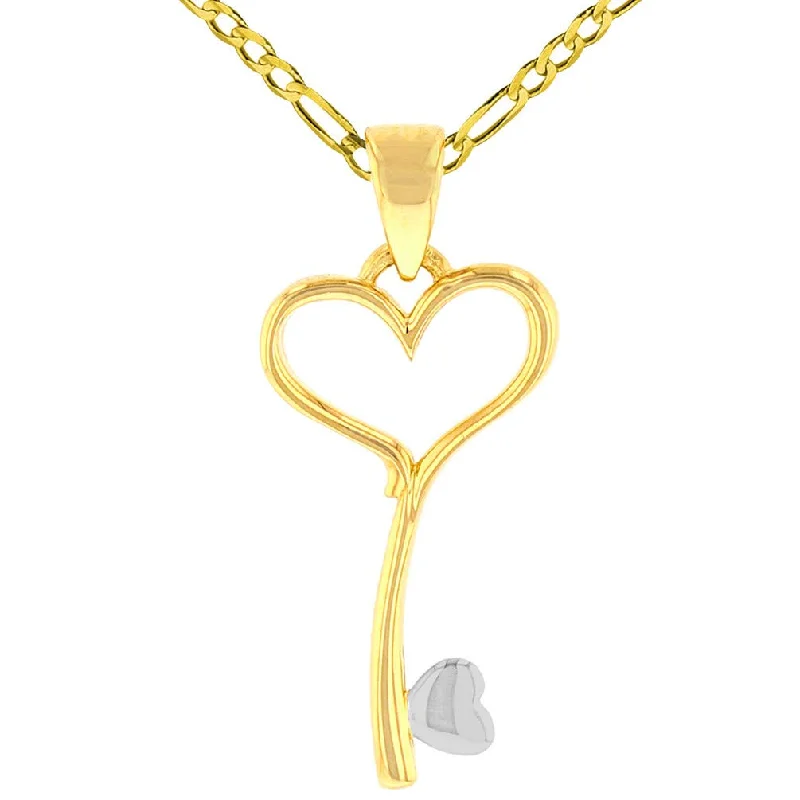 women infinity necklaces -Solid 14K Yellow Gold Open Heart Love Curved Key Pendant with Figaro Chain Necklace