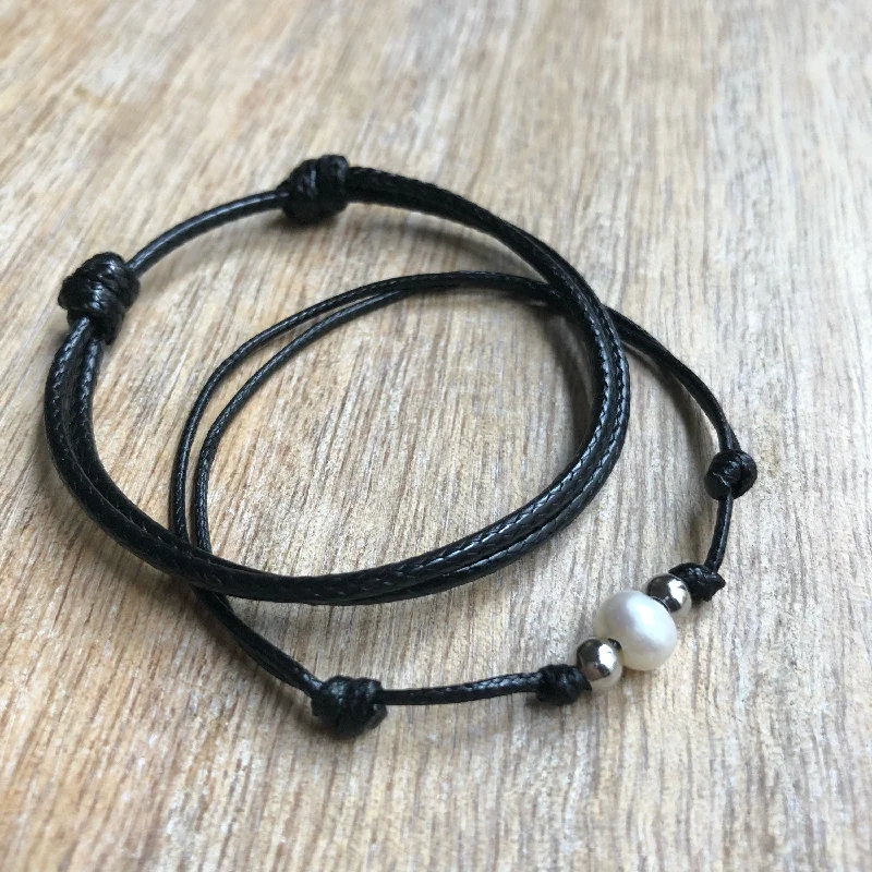 women stackable bangles -Bal Harbor Set, Silver Accents Black Bracelets, Waxed Cord, His and Hers Bracelets, Pearl Bracelet, Matching Bracelet WC001546