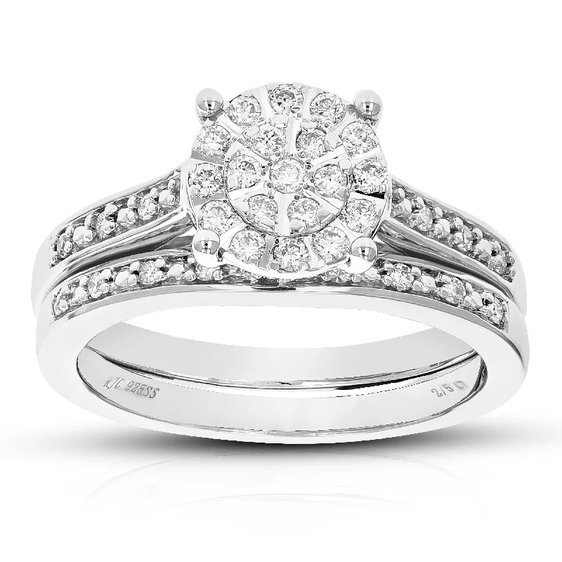 women diamond solitaire engagement rings -2/5 cttw Lab Created Diamond Wedding Bridal Set Sterling Silver Prong