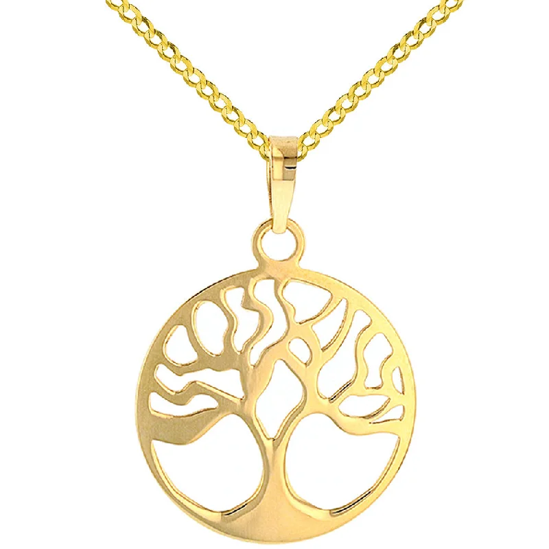 women delicate necklaces -Solid 14k Yellow Gold Tree of Life Disk Chain Pendant Cuban Necklace