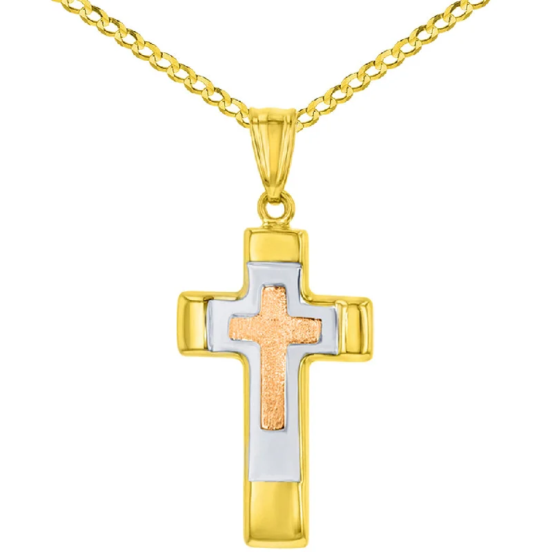 women antique necklaces -14K Rose & Yellow Gold Tricolor Religious Cross Charm Pendant with Cuban Chain Necklace