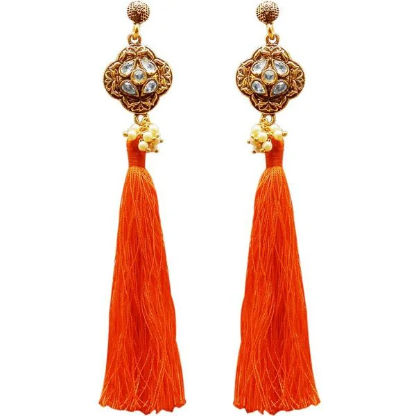 women hoop statement earrings -Jeweljunk Gold Plated Kundan Pearl Orange Thread Earring - 1311414A