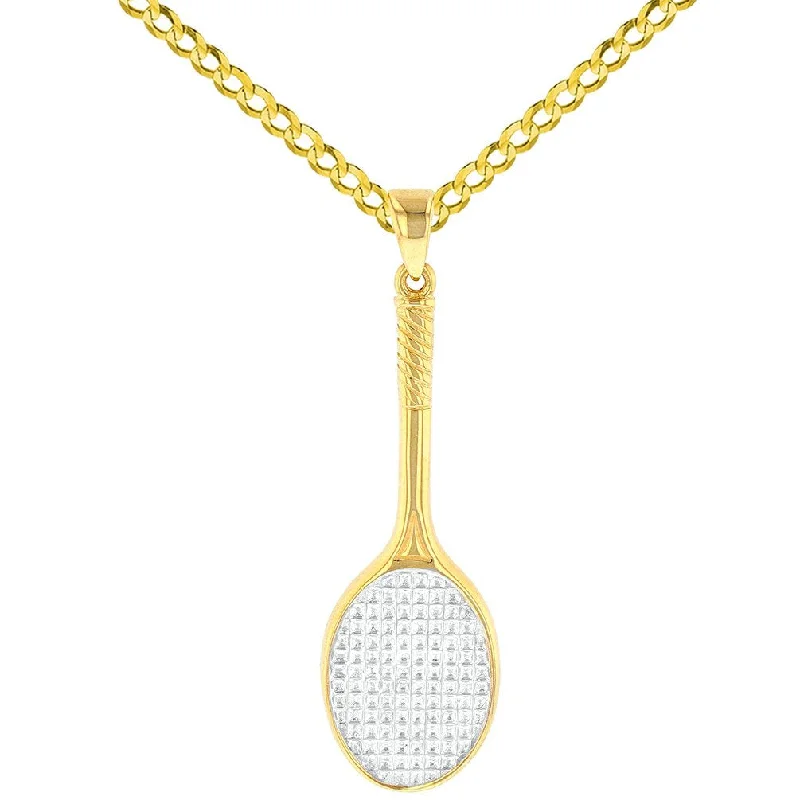 women diamond necklaces -Solid 14K Yellow Gold Tennis Racquet Charm Sports Pendant with Cuban Chain Necklace