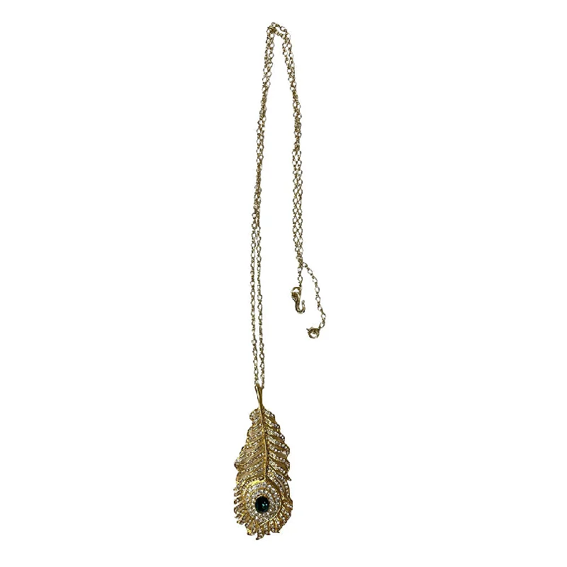 women fancy necklaces -Gold Feather Pendant Necklace with Emerald Stone