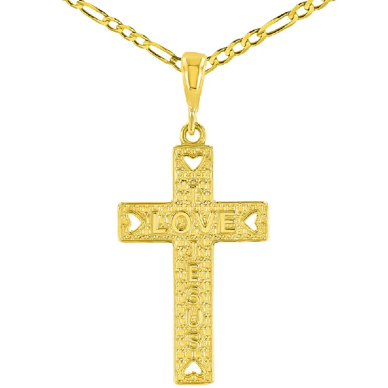 women wedding necklaces -14K Yellow Gold I Love Jesus Cross Charm Pendant Figaro Chain Necklace