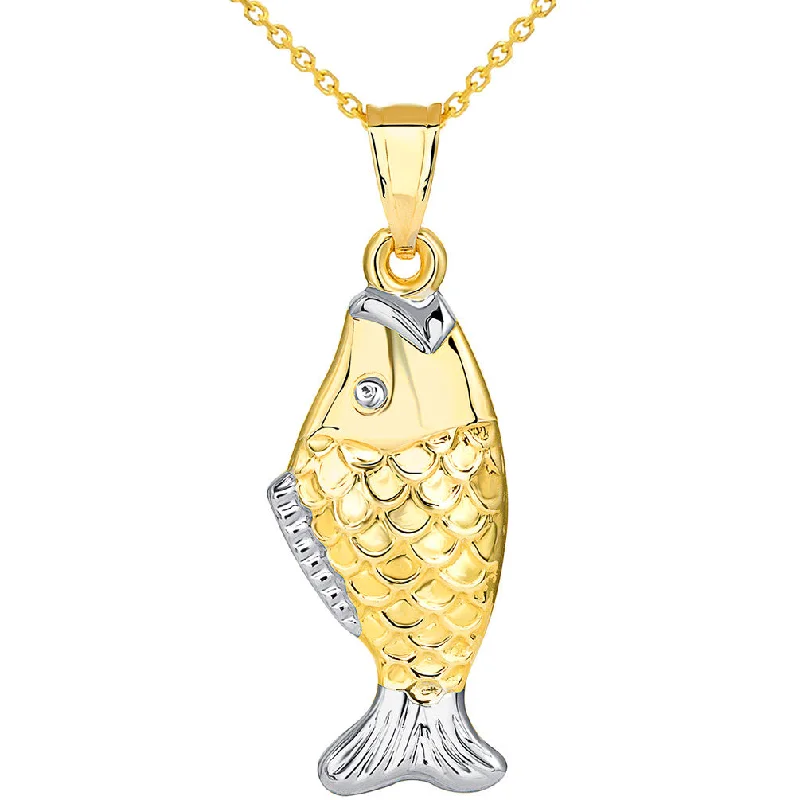 women vintage-style necklaces -14k Yellow Gold Well Detailed Two Tone 3D Bass Vertical Fish Pendant Necklace