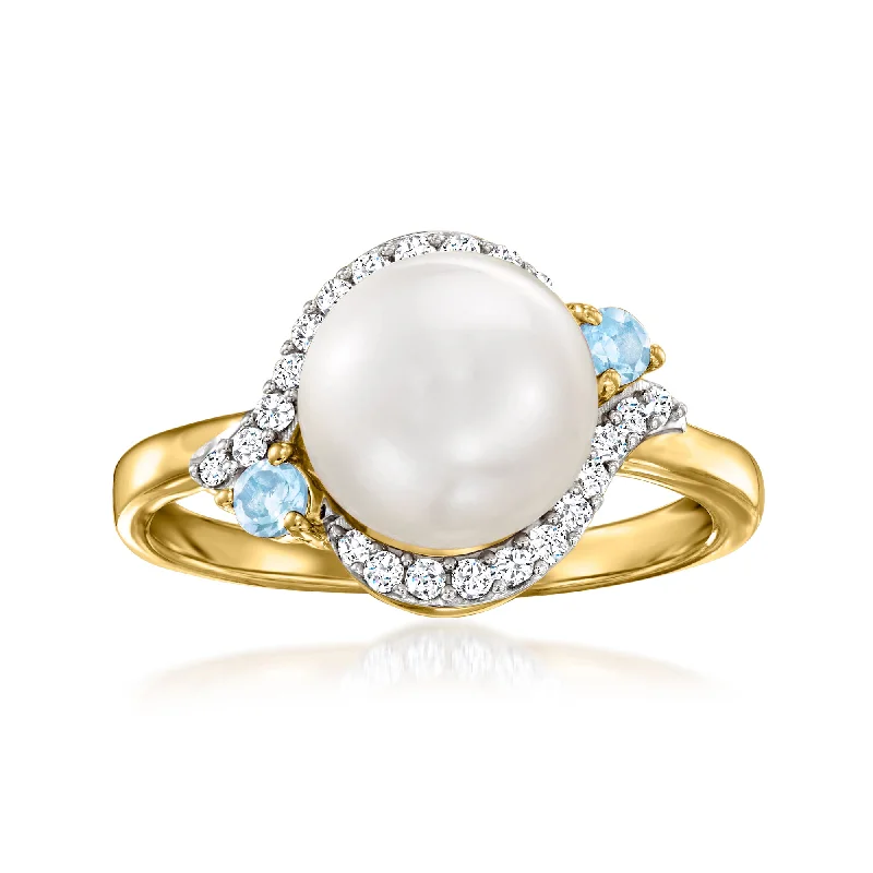 women vintage-inspired engagement rings -Ross-Simons 8.5-9mm Cultured Pearl, White Zircon and . Swiss Blue Topaz Ring in 18kt Gold Over Sterling