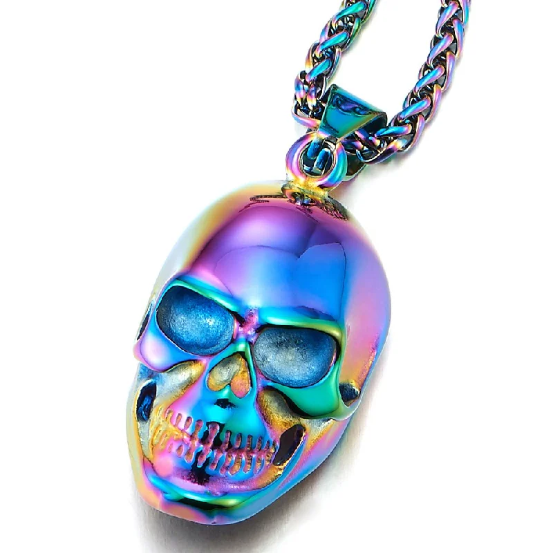 women engraved gold necklaces -Stainless Steel Colorful Skull Pendant Necklace for Mens Women Polished with 23.6 inches Wheat Chain