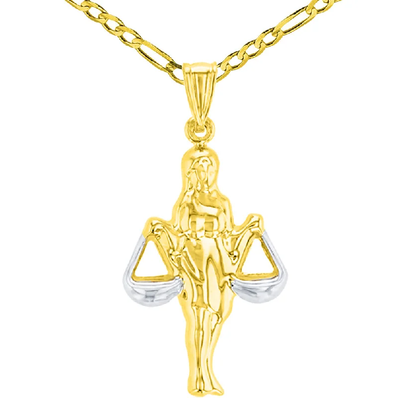 women stylish necklaces -High Polish 14K Yellow Gold Libra Zodiac Sign Charm Holding Scale Pendant Figaro Chain Necklace