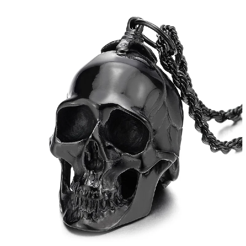 women engraved necklaces -Large Stainless Steel Skull Pendant Necklace for Men High Polished with 30 Inches Wheat Chain