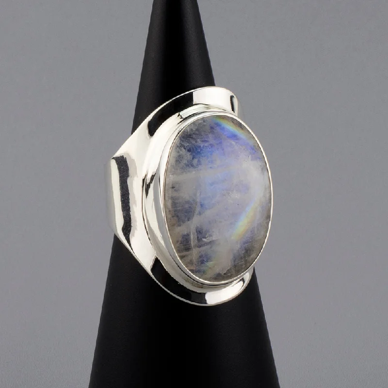 women engagement rings -Large Rainbow Moonstone Wide Band Ring