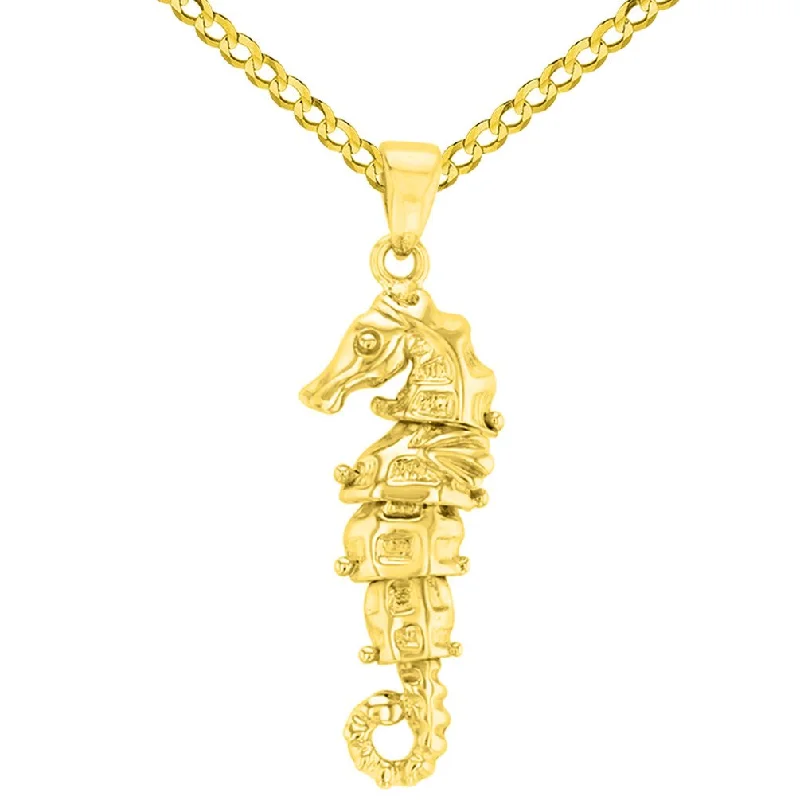 women long necklaces -Solid 14K Yellow Gold Dangling Seahorse Pendant with Cuban Chain Necklace