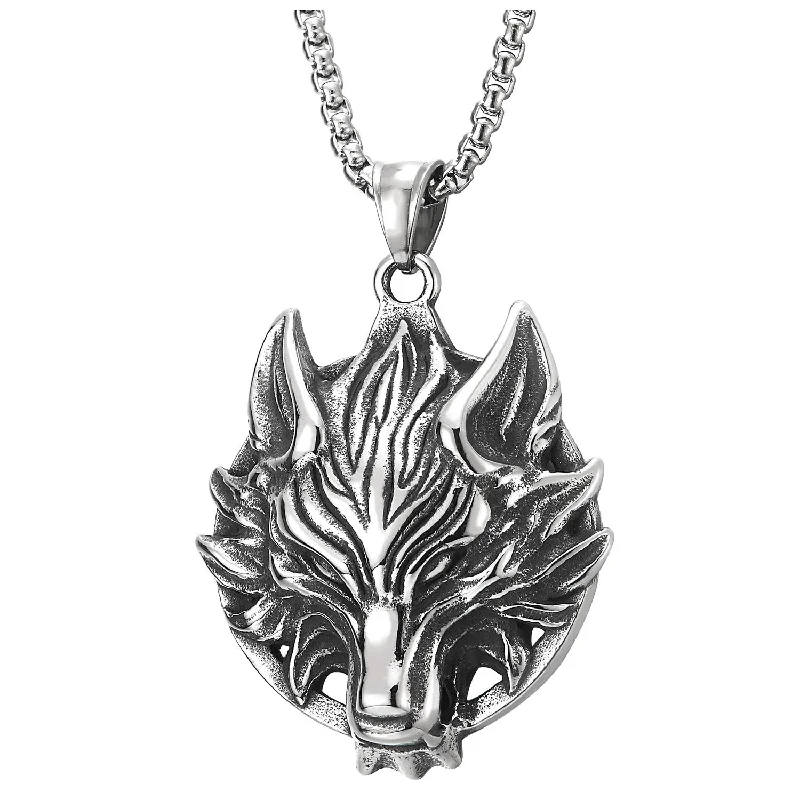 women artistic necklaces -Stainless Steel Mens Vintage Wolf Head Pendant Necklace, Punk Rock, 30 inches Steel Wheat Chain